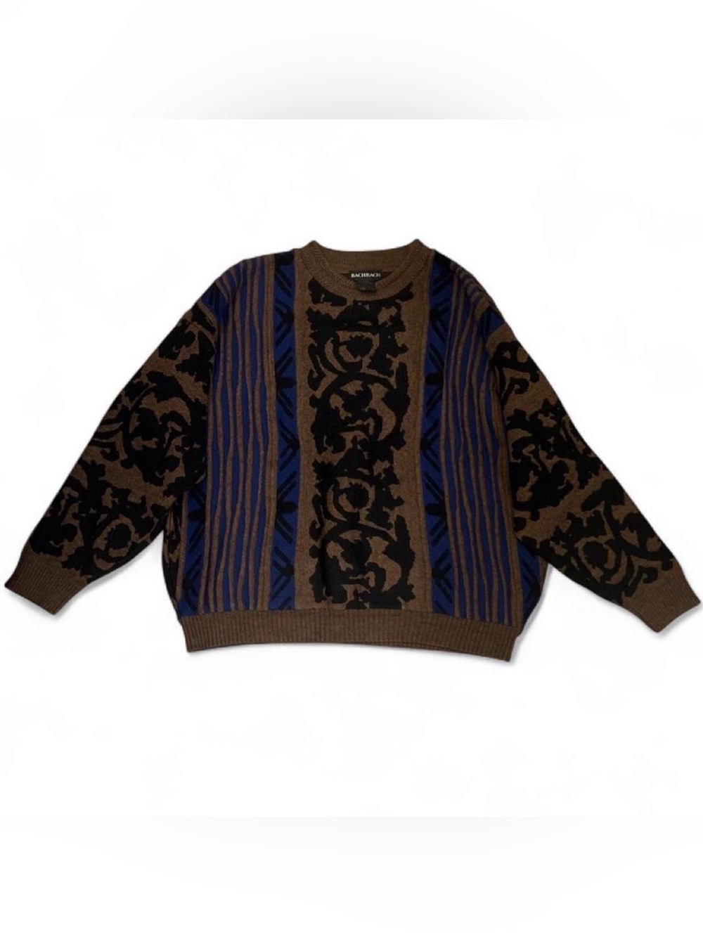 Vintage 90s Bachrach Brown, Blue & Black Patterned Crewneck Sweater Men Sz XL
